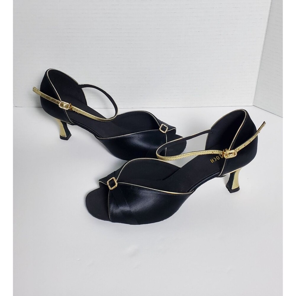 Bloch Lelah Ballroom Shoes Womens Size 9.5 Black Satin Diamante Buckle Gold Heel
